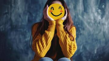 A young woman wearing a bright yellow sweater joyfully holds a smiling face symbol in front of her. The background features an artistic, textured wall, enhancing the lively atmosphere. video