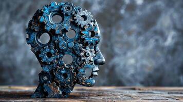 A conceptual design features a human head sculpted from rusted metal gears. This artwork symbolizes the integration of technology and human thought, emphasizing innovation and creativity. video