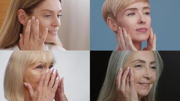 Four women of different backgrounds engage in skin care routines, showcasing a variety of techniques and products. Each lady emphasizes the importance of pampering and self-care. video
