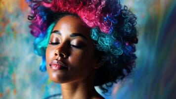 A woman with an array of colorful curls stands still, eyes closed in serene contemplation. Behind her, an abstract artistic backdrop enhances the lively atmosphere with vibrant hues. video