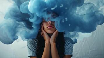 A young person sits thoughtfully while holding their face, surrounded by an abstract cloud of blue vapor. The atmosphere conveys a blend of introspection and creativity, losing oneself in imagination. video