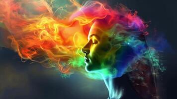 A captivating display of colorful swirls and shapes emanates from a woman's head, symbolizing creativity and imagination. The artwork blends vivid hues, creating an ethereal atmosphere. video