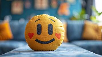 A vibrant yellow smiley pillow with heart eyes sits on a comfortable blue sofa. The backdrop is a cozy living room with colorful decor and plants, creating a cheerful atmosphere. video