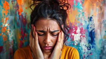 A young woman is shown with a pained expression, hands on her face, against a colorful abstract background filled with bright hues. Her emotion contrasts with the lively colors. video
