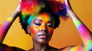 A woman with a serene expression features a stunning array of bright colors emanating from her hair, blending seamlessly with a vivid orange background that enhances the artistic effect. video
