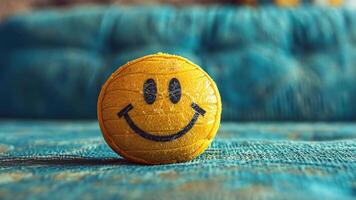 A cheerful yellow smiley face rests on a textured surface in a cozy indoor environment, enhancing the playful atmosphere with its friendly expression and vivid color. video