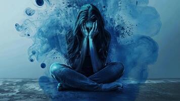 A person sits on the ground, curled up with their head resting in their hands, surrounded by swirling blue tones. This scene conveys deep emotions of sadness and introspection. video