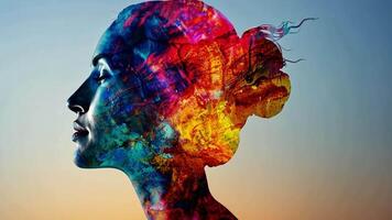 A womans profile is transformed into a vivid canvas of colors and patterns, blending art with nature. The backdrop features a breathtaking sunset, enhancing the visual impact. video