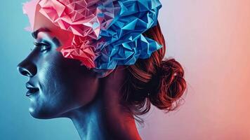 A womans profile illuminated with blue and pink colors showcases a textured paper-like brain. This artistic piece symbolizes creativity and advanced technology in modern life. video