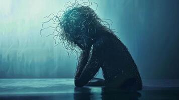 A sculptural figure with wild, tangled hair sits quietly with its head bowed, evoking a sense of introspection and emotional depth against a softly lit background. video