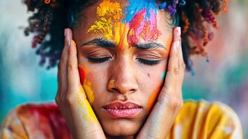 A young person with curly hair applies colorful paint to their face, reflecting a mix of emotions. The background is filled with artful splashes, amplifying the creative atmosphere. video