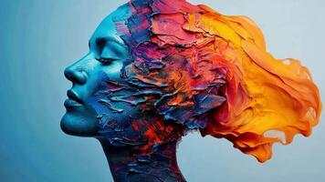A woman's profile is depicted with bright and vivid colors blending into abstract textures, symbolizing creativity and imagination. video