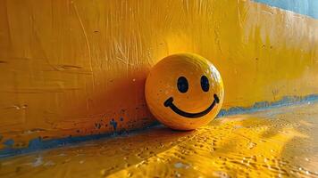 A cheerful yellow ball with a smiling face is leaning against a brightly painted wall. The setting is full of warmth and positivity, evoking a sense of happiness and delight. video