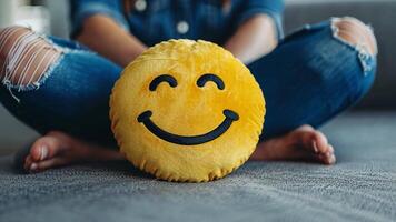 A cheerful yellow smiley face cushion rests on a soft gray surface while a person in casual ripped jeans sits cross-legged nearby, creating a relaxed and inviting atmosphere. video