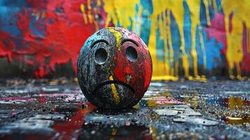 ein traurig Gesicht Ball sitzt auf ein nass Oberfläche inmitten beschwingt spritzt von Farbe auf ein mit Graffiti bedeckt Mauer. das künstlerisch Rahmen kombiniert Emotionen mit städtisch Kreativität, Erfassen ein Moment von Betrachtung. video