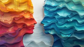 Two distinct human profiles emerge from vibrant layered colors, showcasing gradients of red and blue. The abstract shapes represent unity, emotion, and connection through art. video