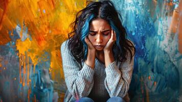 A young woman sits on the floor, holding her head in her hands, surrounded by vibrant abstract colors on the wall. The atmosphere conveys feelings of sadness and introspection. video