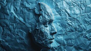 A striking representation highlights the blend of human emotion and technology, showcasing a face formed from crumpled textures in blue hues. video