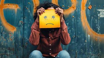 A person holds a yellow card displaying a sad face, sitting against a graffiti-covered wall. The setting conveys a strong emotional response to urban life and personal struggles. video