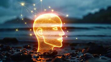 A glowing human silhouette made of shimmering particles stands on a rocky beach at twilight. The ocean waves ripple in the background, symbolizing the intersection of technology and nature. video