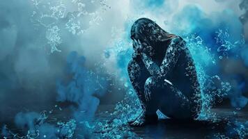 A figure sits in a curled position, partly obscured by swirling blue smoke and water-like textures. This artwork evokes deep emotions and a sense of introspection, blending reality with fantasy. video