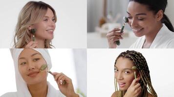 Four women from different backgrounds are indulging in their skincare routines. They use facial rollers while smiling, showcasing a joyful atmosphere of beauty and self-care. video