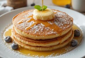 Stack of pancakes with butter, powdered sugar, and syrup on a white plate, garnished with fresh blueberries and a mint leaf. photo