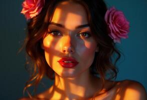 Close-up portrait of woman with pink roses in hair under shadow patterns on a blue background. Studio photography with soft lighting. photo