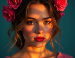 Portrait of a woman with roses in soft sunset light, casting soft shadows across her serene face against a teal background. photo
