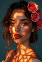 Elegant Woman with Roses and Artistic Shadow Patterns photo