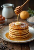 Stack of Pancakes with Honey Drizzle, served on a rustic wooden table photo