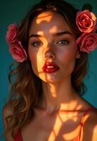 Close-up of a woman adorned with pink roses, soft sunlight creating intricate shadow patterns on her face photo