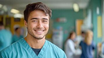 A healthcare professional in teal scrubs smiles warmly while attending to patients in a hospital. The environment is busy with staff providing care and support to individuals in need. video