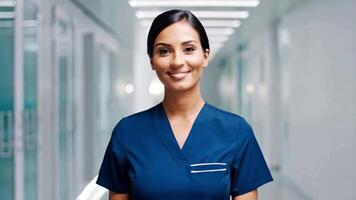 A healthcare worker stands confidently in a well-lit hospital corridor, wearing a dark blue uniform. The cheerful expression conveys warmth and readiness to assist patients in need. video