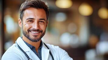 A physician stands confidently in a bustling hospital setting, exuding warmth with a friendly smile. He wears a white lab coat and stethoscope, ready to assist patients in need of medical care. video
