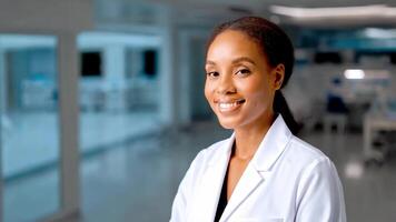 A healthcare professional wearing a white coat stands confidently in a modern hospital. video
