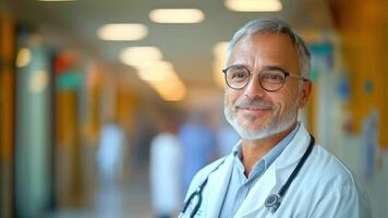 A knowledgeable doctor in a white coat smiles confidently while standing in a well-lit hospital corridor. video