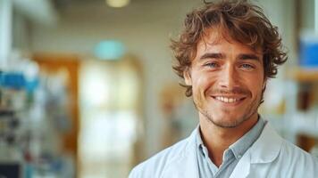 A male medical professional in a hospital setting stands confidently with a warm smile, ready to assist patients. video