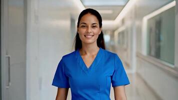 A healthcare worker wearing a blue uniform stands confidently in a well-lit hospital corridor. The background features clean walls and bright lighting, creating a welcoming atmosphere. video