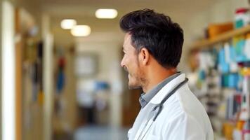 A healthcare professional in a hospital is smiling warmly while wearing a lab coat and stethoscope. The environment is bright, indicating a welcoming atmosphere for patients seeking medical help. video