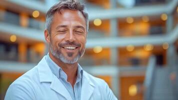 A healthcare worker wearing a white coat smiles warmly while standing in a bright and contemporary hospital. The background suggests a welcoming atmosphere for patients and visitors. video