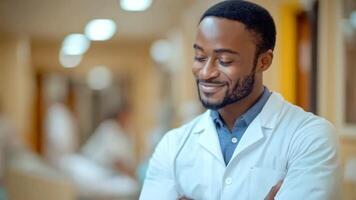 A healthcare worker stands confidently in a hospital corridor, displaying a warm smile. The background features blurred activity, indicating a lively environment as staff assist patients. video