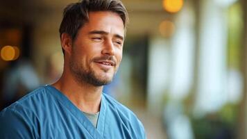 A male healthcare worker in scrubs smiles warmly while standing in a hospital corridor. His expression conveys empathy and readiness to help others in need of medical attention. video