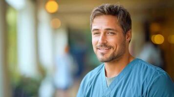 A healthcare professional in blue scrubs smiles warmly while standing inside a hospital corridor. Natural light floods the space, creating a welcoming atmosphere for patients and visitors. video
