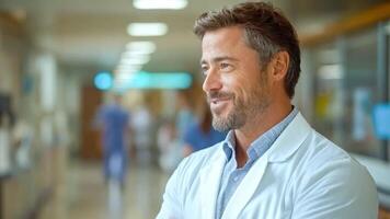 A doctor stands confidently in a busy hospital corridor. He wears a white lab coat and expresses a calm demeanor, ready to assist patients and staff in providing essential medical care. video