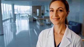 A healthcare professional smiles warmly in a well-lit hospital setting. The modern facility features clean lines, large windows, and an atmosphere of care. video