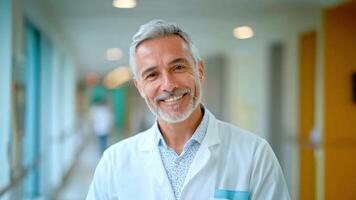 uma cuidados de saúde trabalhador vestindo uma branco casaco carrinhos dentro uma bem iluminado hospital corredor. com uma caloroso sorriso, ele exala confiança e acessibilidade, exibindo uma comprometimento para paciente Cuidado e apoiar. video