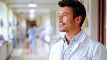 A healthcare professional stands confidently in a hospital corridor, dressed in a white coat. video