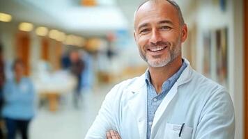 A smiling healthcare worker in a white coat stands confidently in a busy hospital corridor. video