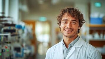 A smiling healthcare professional in a lab coat stands in a well-equipped hospital environment. The scene reflects a caring atmosphere where medical help and support are prioritized. video